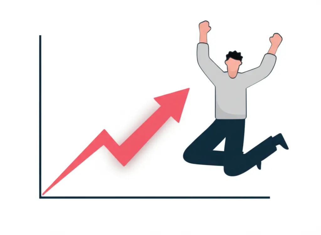 A cartoon-style image of a graph with an upward trend and a person jumping joyfully.