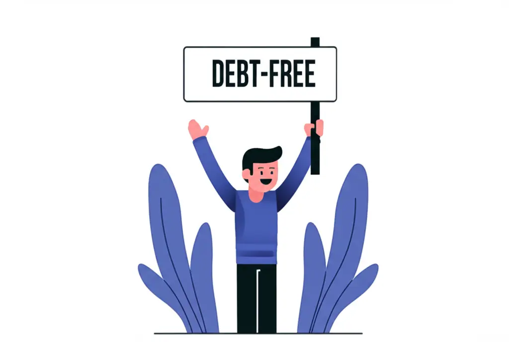 An excited person holding a 'Debt-Free' sign, celebrating a milestone