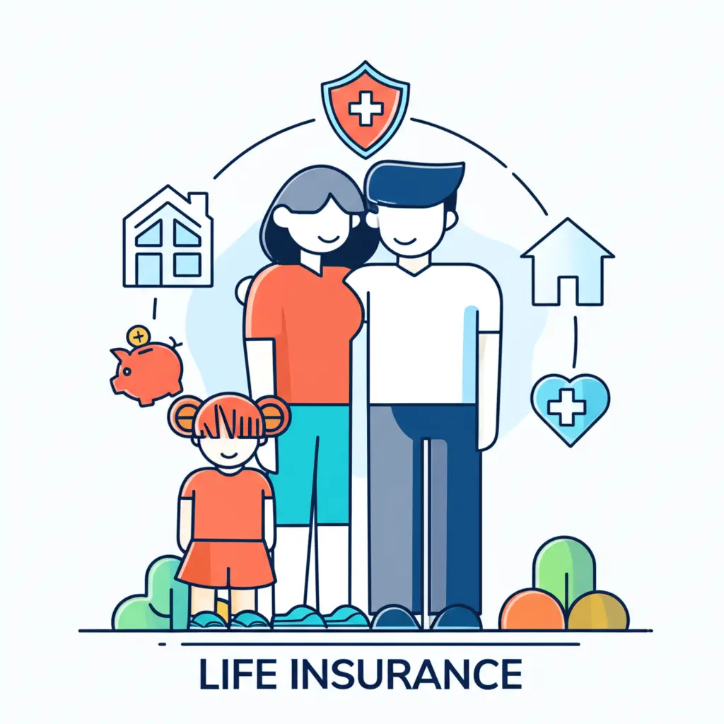 Minimalist depiction of a family with security symbols around them