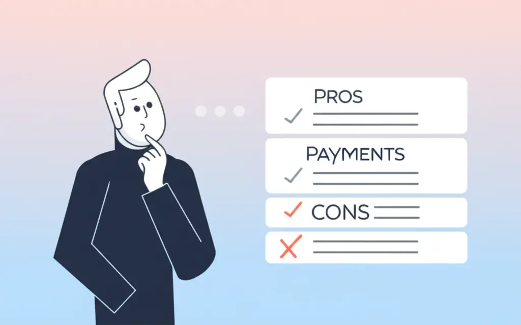 A figure pondering pros and cons lists for automatic payments