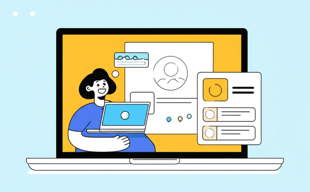 A minimalist cartoon of a person happily comparing insurance quotes on a laptop.