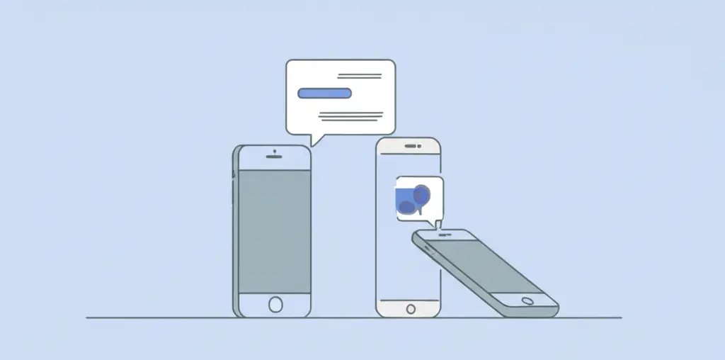 Phones on a table with speech bubbles above them.