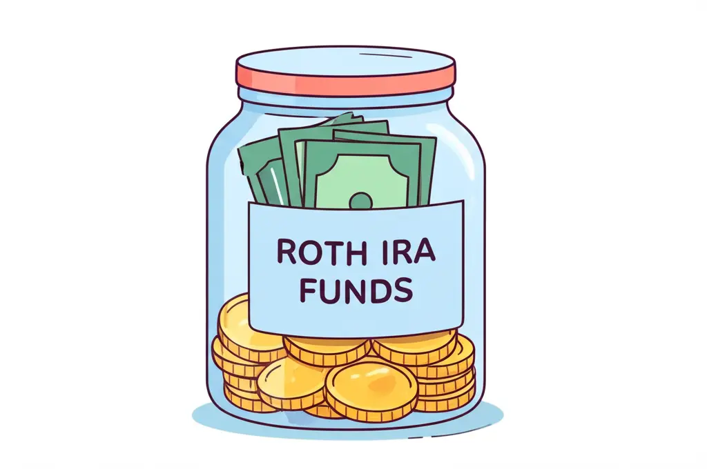 Illustration of a jar labeled 'Roth IRA Funds' being filled