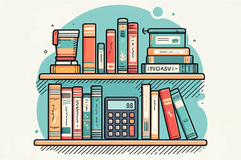 Bookshelf with financial books and calculator