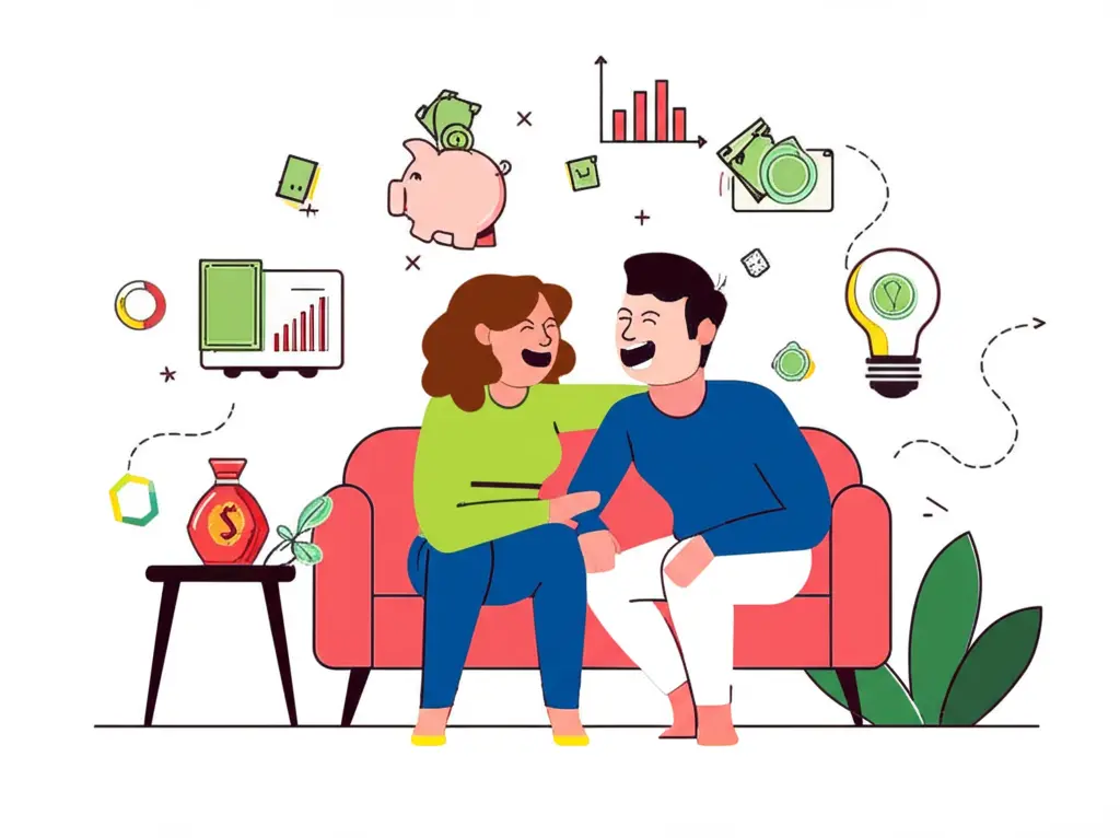 Couple laughing together with money tips around