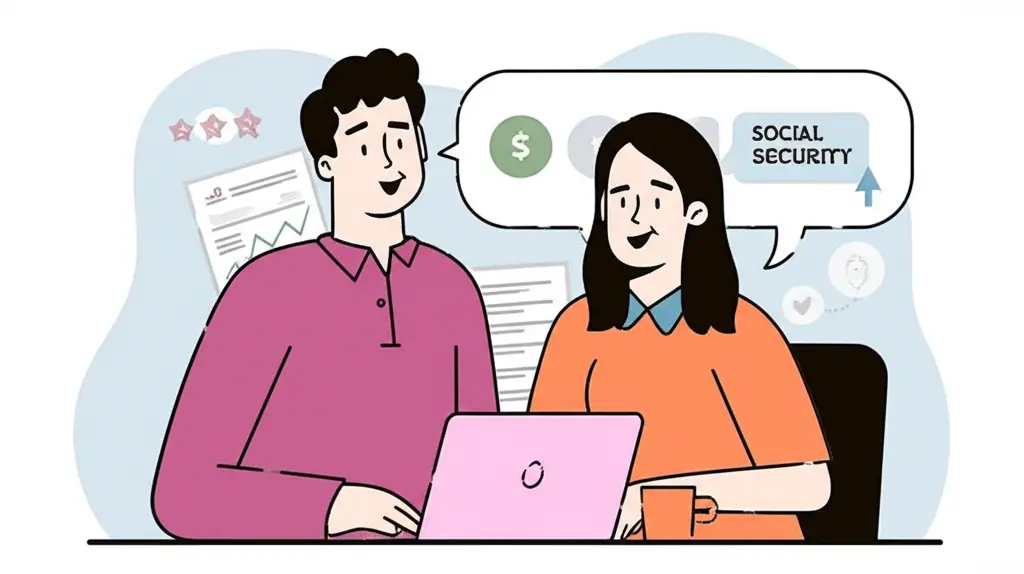 Cartoon depicting a happy couple planning retirement with Social Security benefits included.