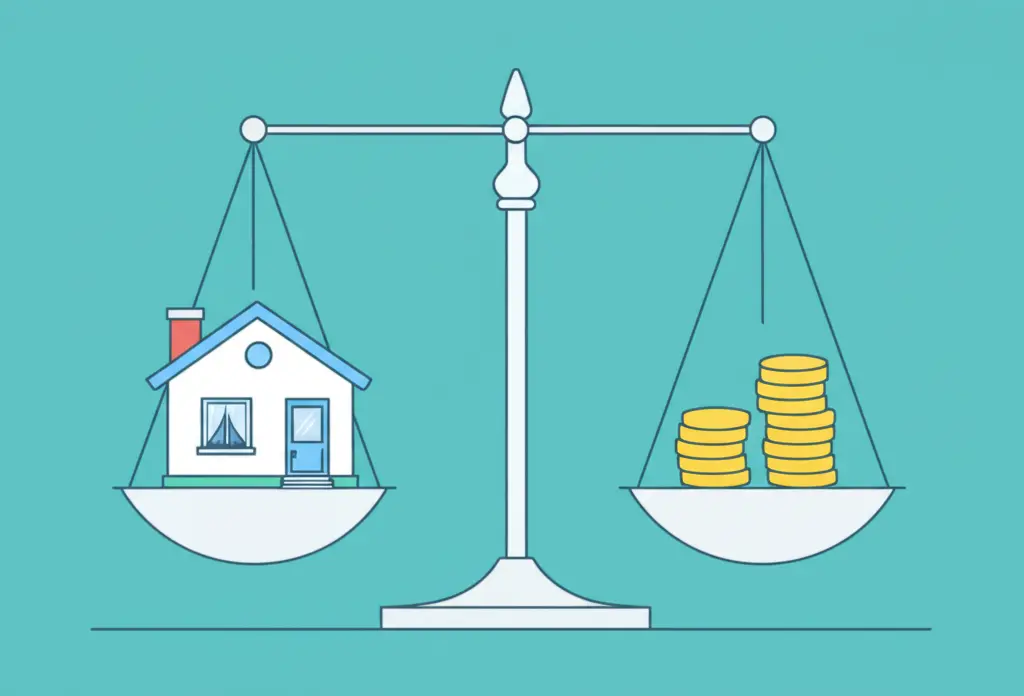 Balanced scale with a house and coins