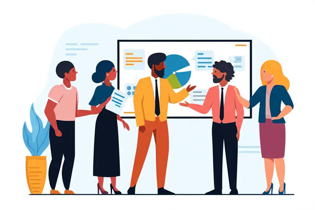 Cartoon group of diverse people discussing finance with a whiteboard
