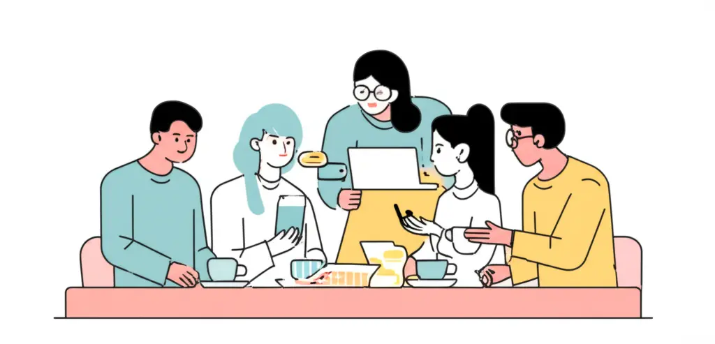Individuals discussing savings strategies over coffee