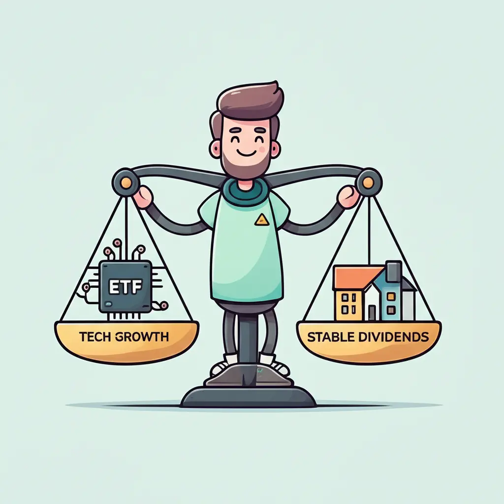 Cartoon character balancing scales with ETFs