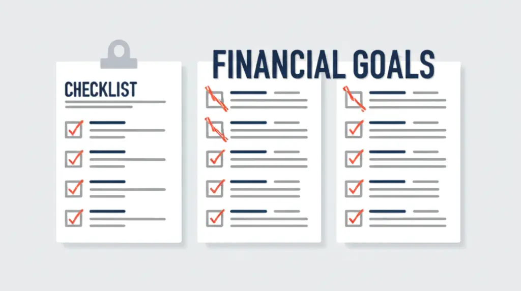 A financial goals checklist with checkmarks.