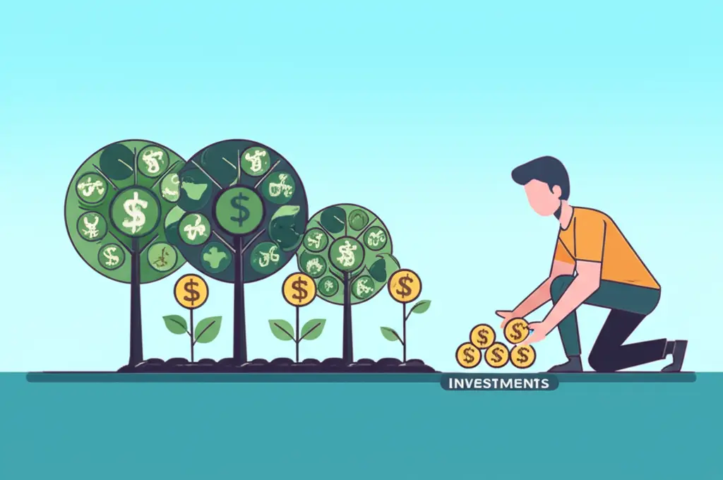 Cartoon of a person investing and growing money trees