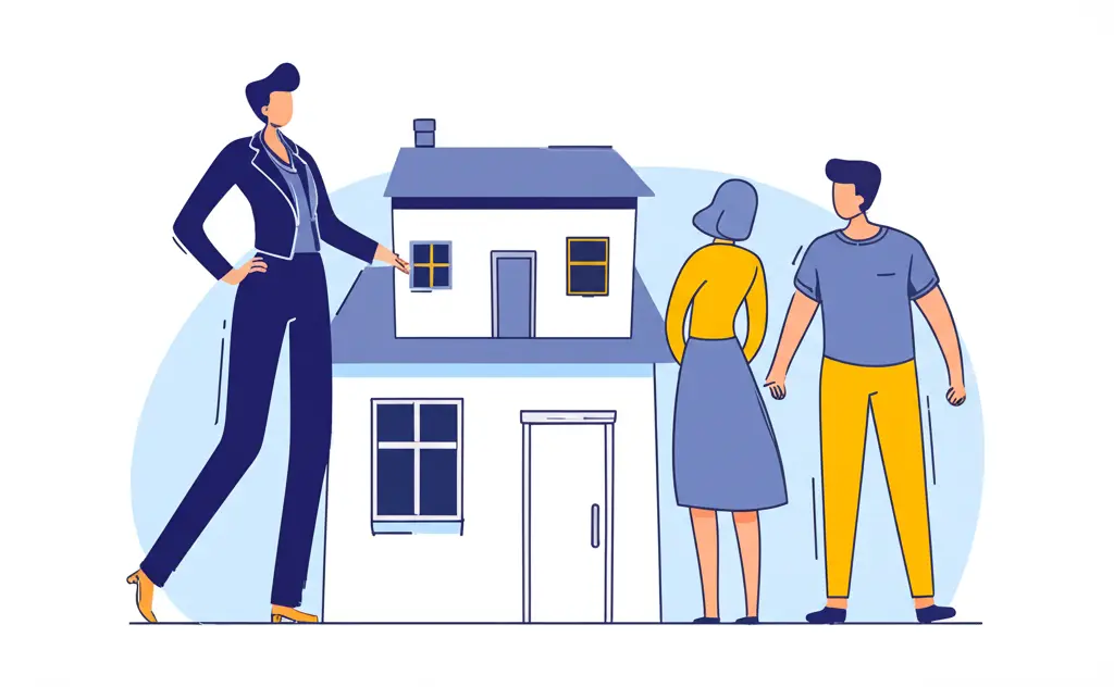Clean, modern depiction of a realtor showing a house to an interested couple, with the property highlighted.