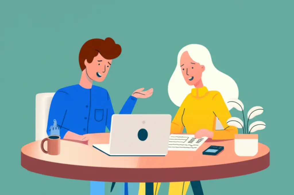 Cartoon couple discussing their budget around a cozy table.