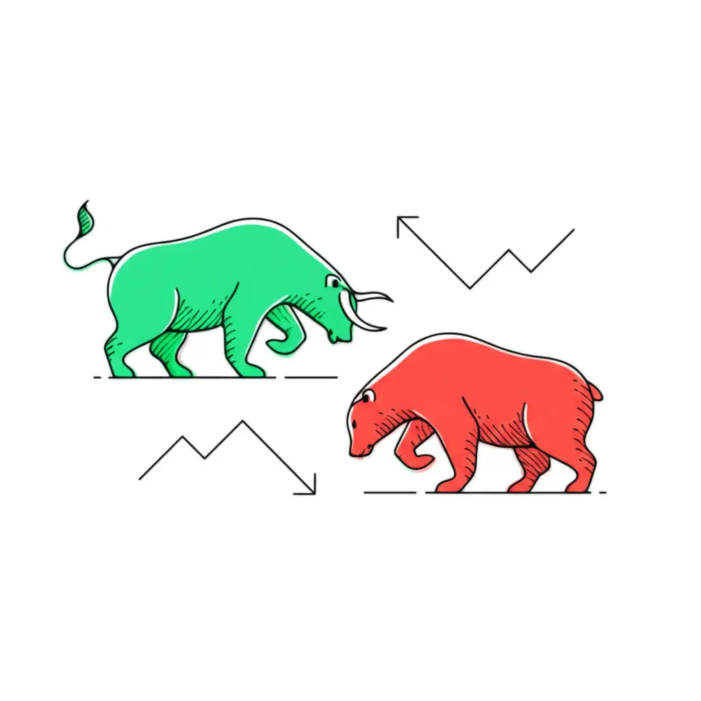 Simple illustration of a bull and bear with market trend arrows