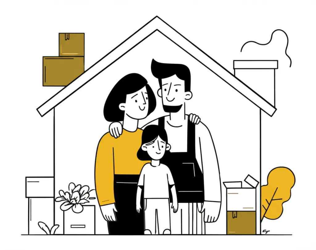 Happy family inside a house with moving boxes