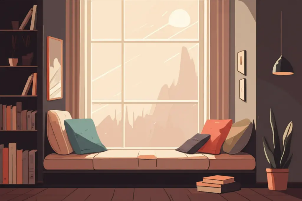 A reading nook with a large window, cushions, and books
