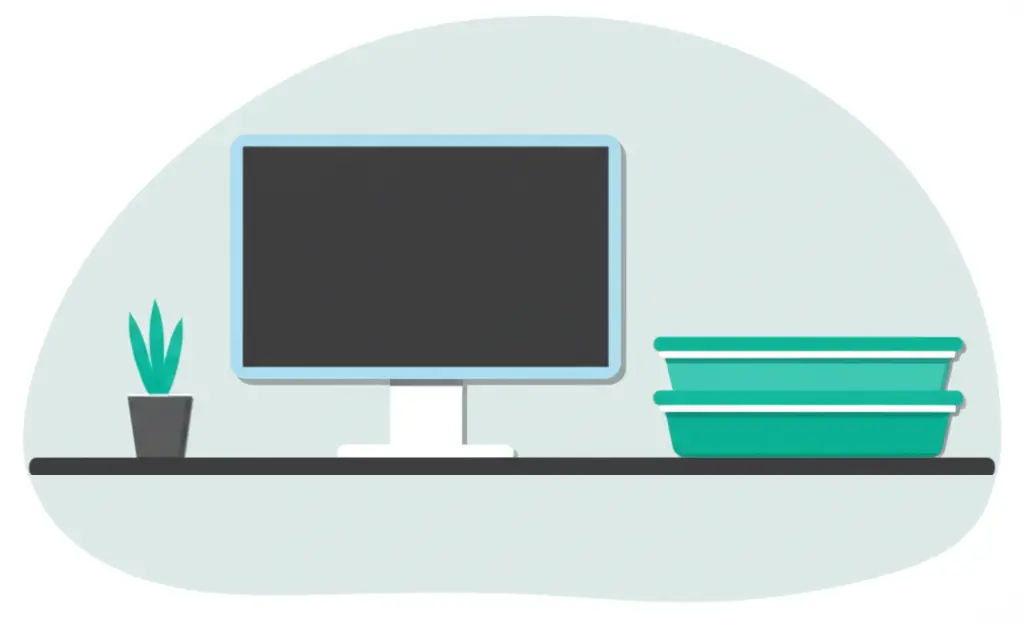 Desk with a laptop, a lunch container, and a potted plant