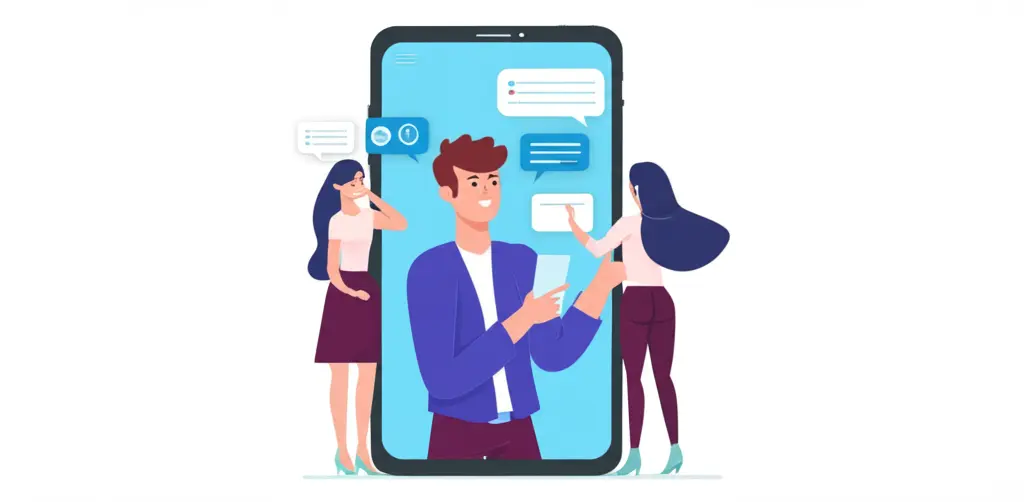 A clean and modern cartoon of a happy customer receiving help from a virtual assistant on their smartphone.