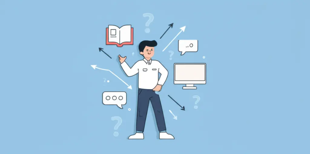 A person surrounded by question marks and arrows pointing to new learning sources