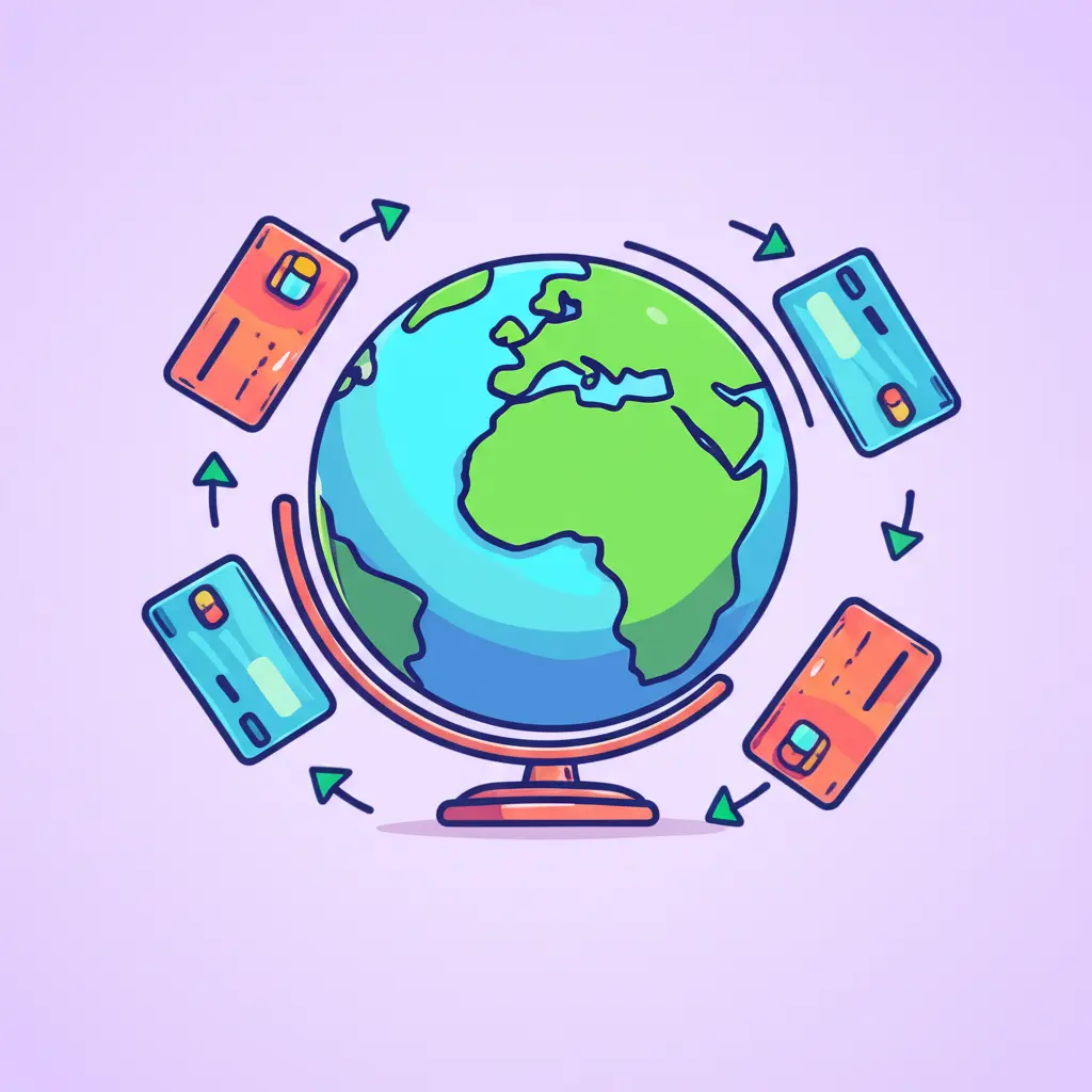Globe with arrows representing international travel, surrounded by credit card icons