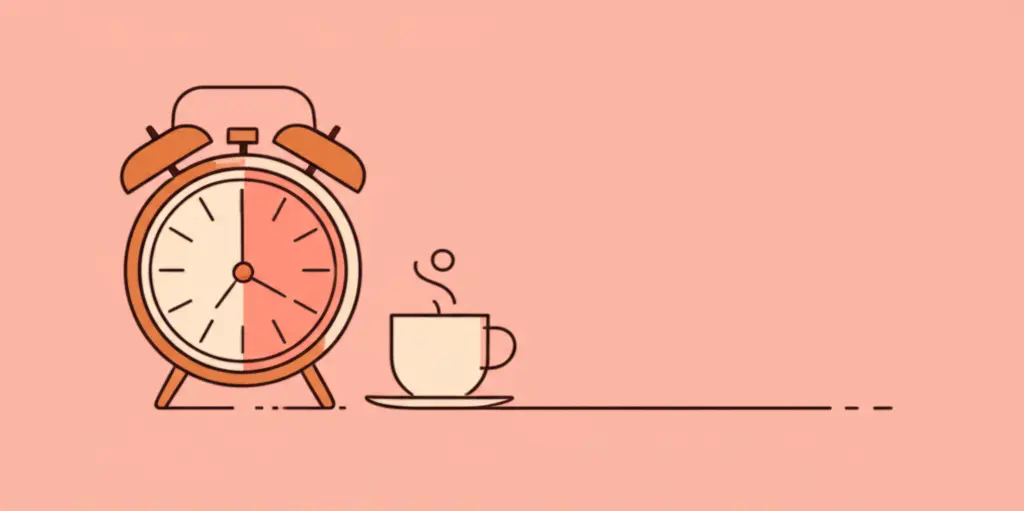 Alarm clock with a steaming cup of coffee beside it