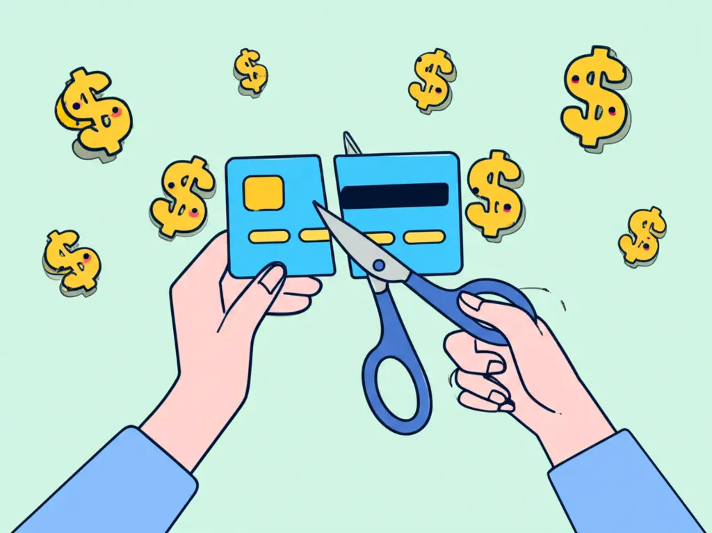 Person cutting a credit card with dollar signs around