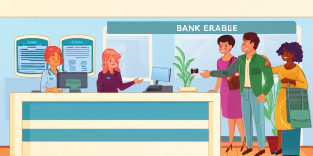 Friendly bank teller assisting various customers