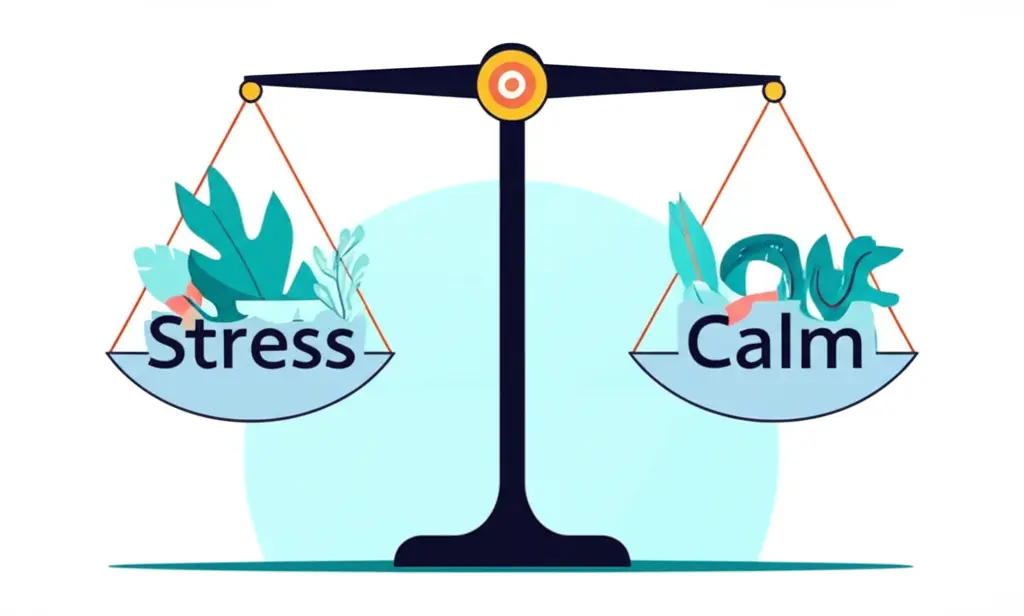 Person balancing a scale with 'Stress' and 'Calm'