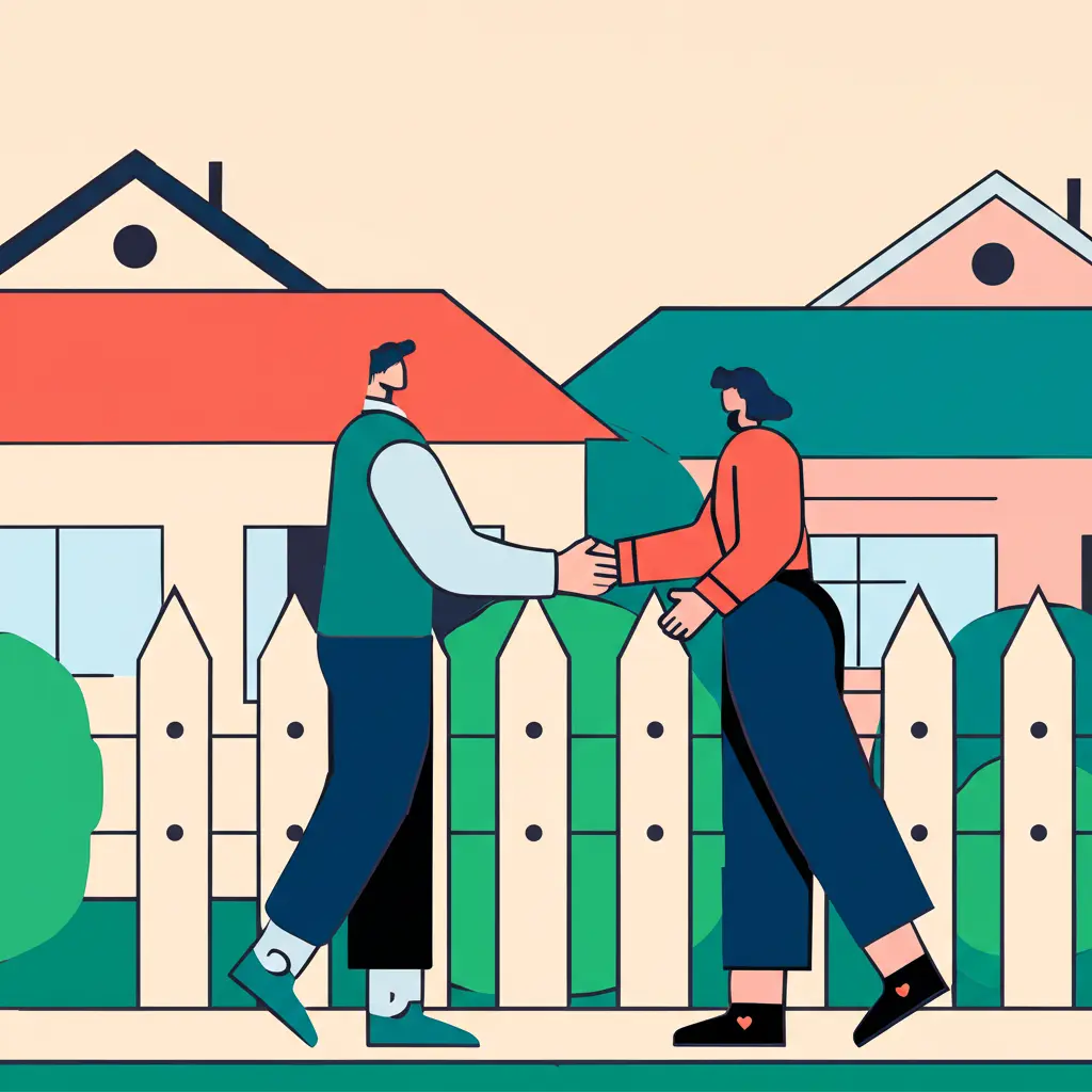 Neighbors shaking hands over a fence.