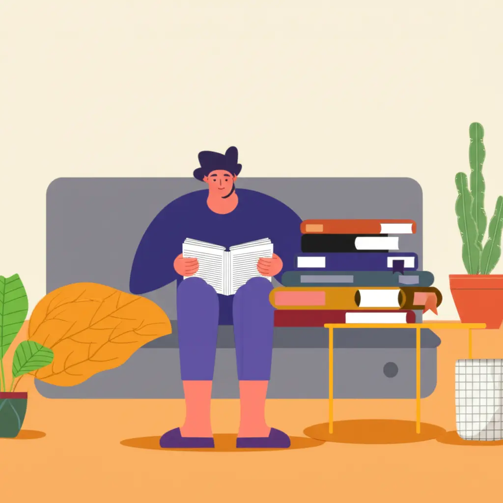 Person reading financial planning books in a living room