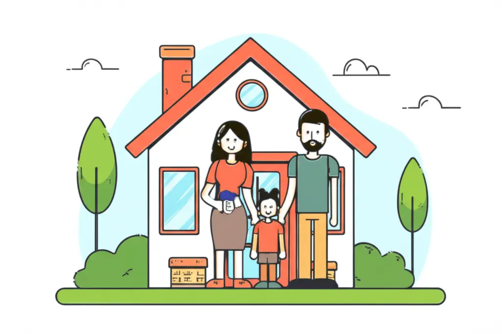 Happy family in front of their new house after obtaining a mortgage