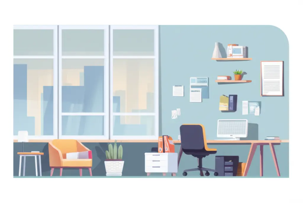 Corner office setup with a cozy reading nook and a large window.