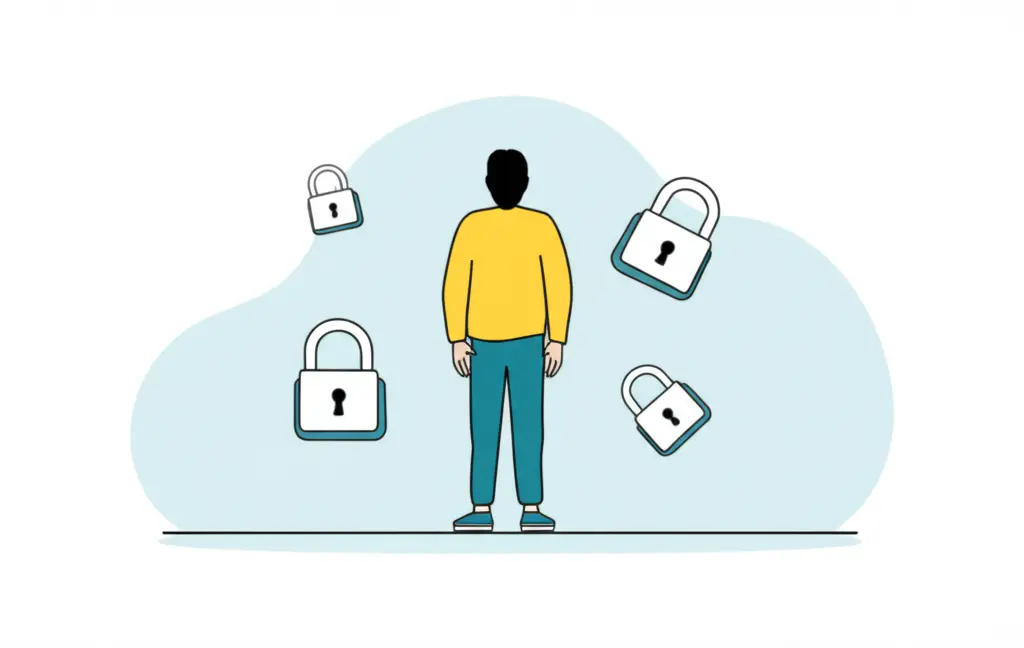 Person surrounded by floating, unlocked chains symbolizing freedom from debt