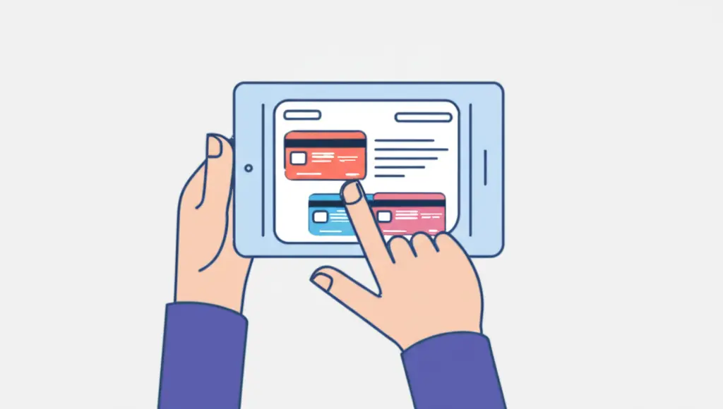 Simple cartoon of a person researching credit card partnerships on a tablet
