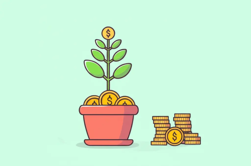 Cartoon-style illustration of a plant growing from a pot filled with money