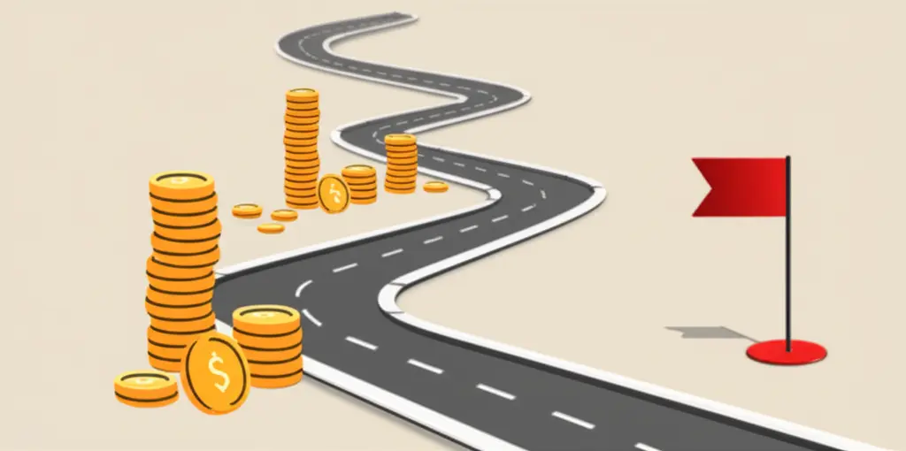 Minimalistic illustration of a roadmap with coins leading to a flag