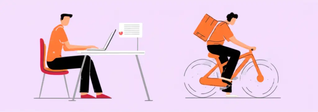 Person multitasking between laptop and delivery bicycle