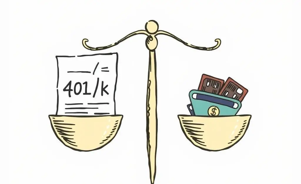 Illustration of balanced scales with a 401(k) and credit card
