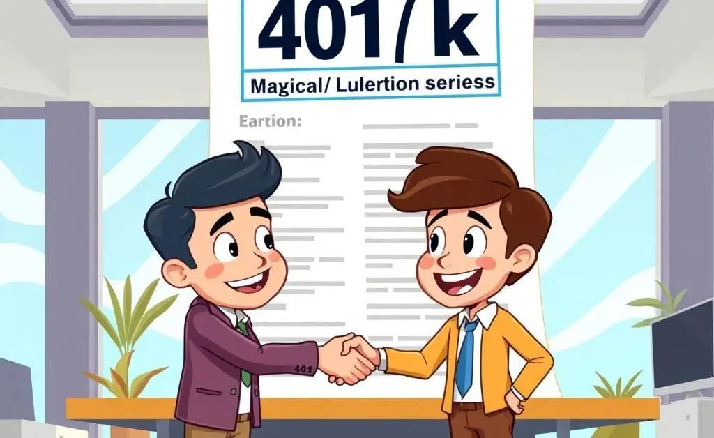 Illustration of two people shaking hands with a giant 401(k) document in the background