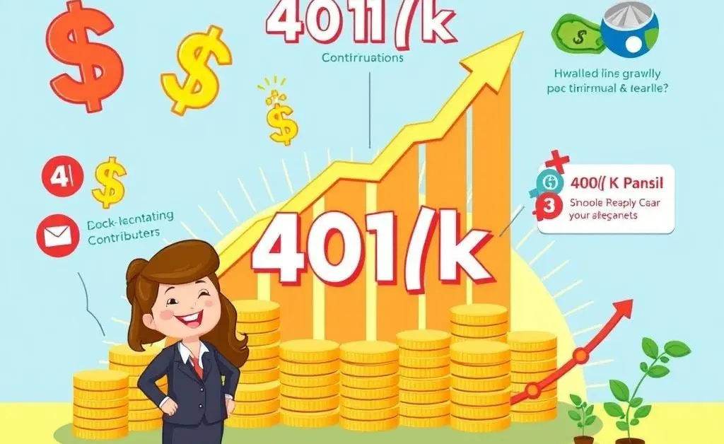 A cartoon-style overview of a 401(k) plan showing contributions, growth, and matching.