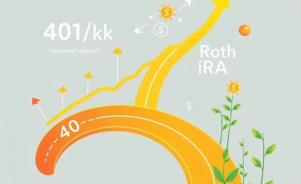 A path illustrating the flow from 401(k) to a Roth IRA with symbols of money and growth.