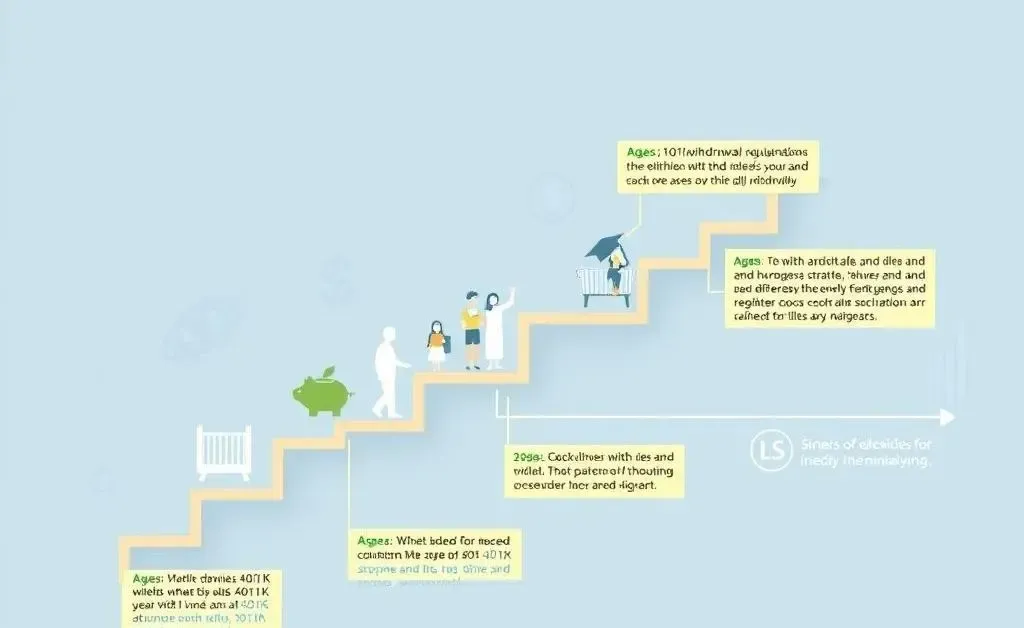 Illustration of timelines showing ages and 401(k) withdrawal rules