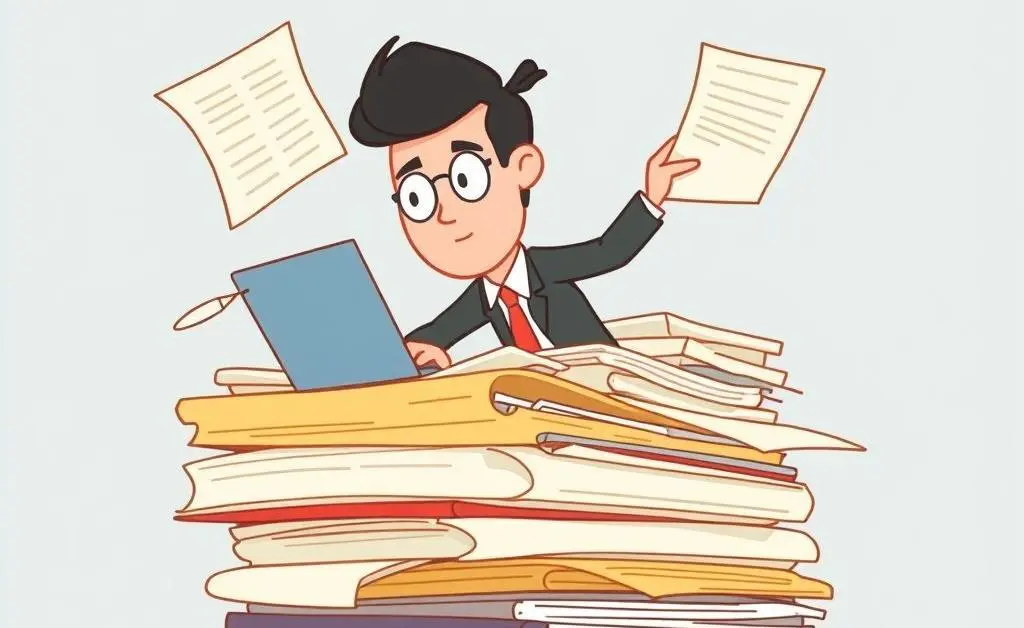 A person navigating through stacks of paperwork