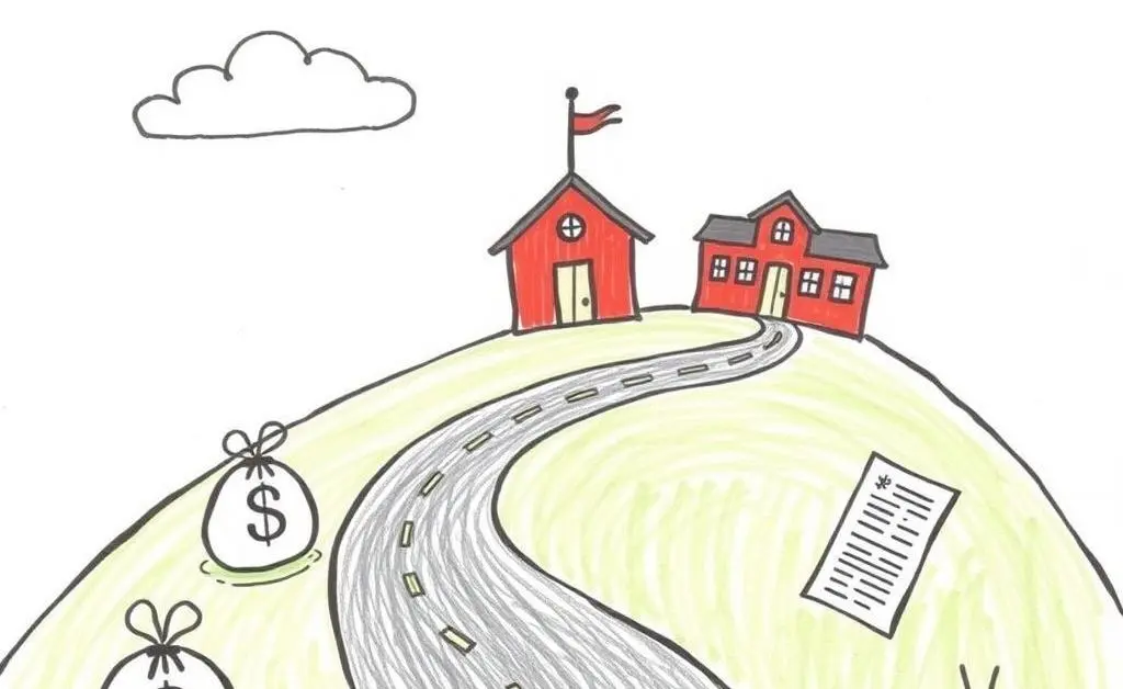 A winding road leading up to a school with money bags and report cards