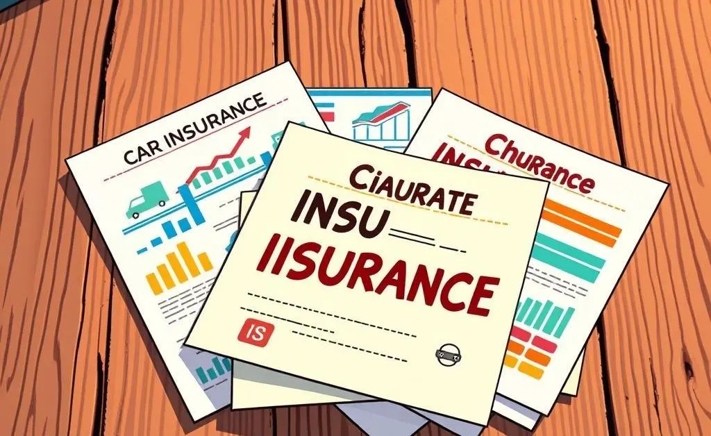 Cartoon-style image of car insurance documents on a wooden desk