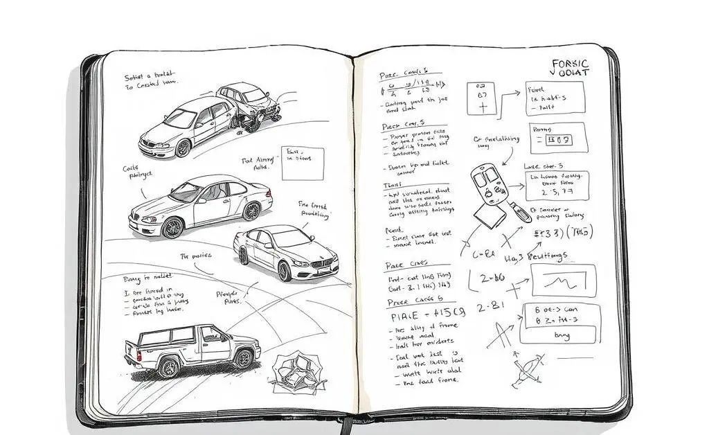 Notebook with drawings of car accident and calculations