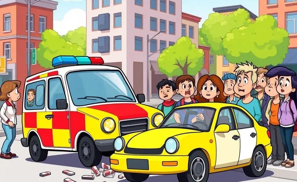 A cartoon scene of a minor car accident with a police car and concerned onlookers