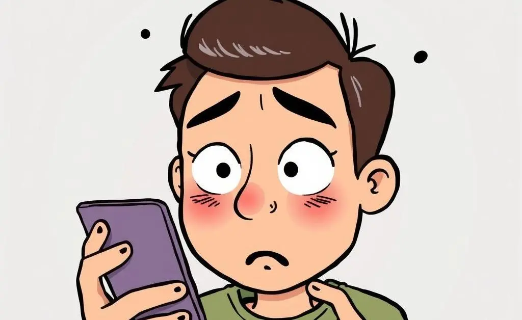 Cartoon of a person looking shocked at their phone after sending a wrong text
