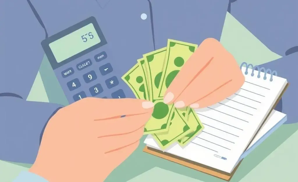 Illustration of a person organizing cash with a calculator and notepad.